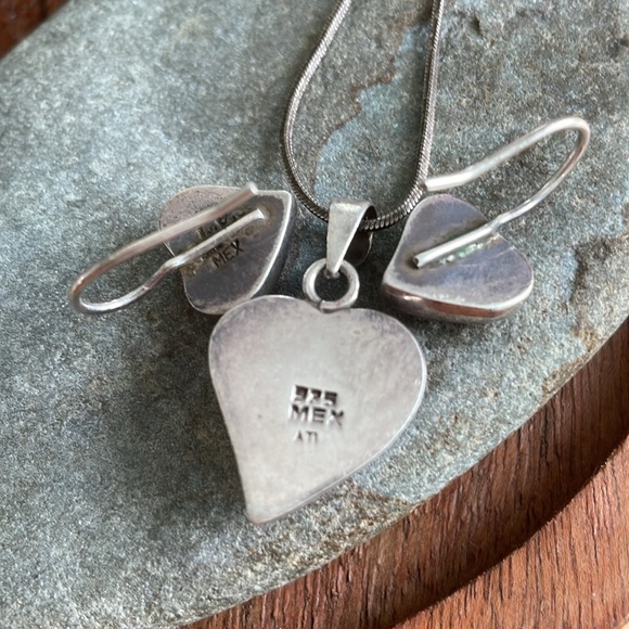 Red Heart Jasper Sterling Earrings and Necklace Mexico - Picture 3 of 12